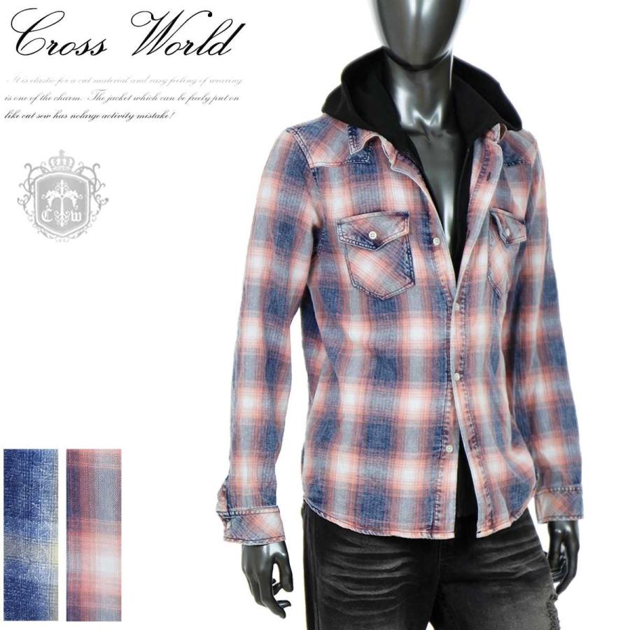 チェックシャツ フード付き メンズ チェック柄 重ね着風 インディゴ フェイクシャツ トップス カジュアル 年 新作 春 ブルー 青 オレンジ I0110 08hx I0110 08 Crossworldyahoo 店 通販 Yahoo ショッピング