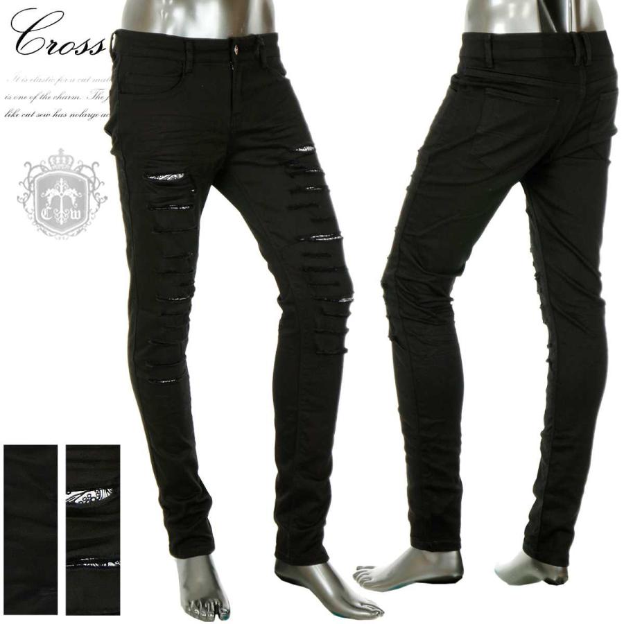 ダメージ スキニー ジーンズ メンズ デニムパンツ リペア クラッシュ 細身 タイト 柄 ストレッチ お兄系 ちょいワル 秋 黒 ブラック ペイズリー V04 01id V04 01 Crossworldyahoo 店 通販 Yahoo ショッピング