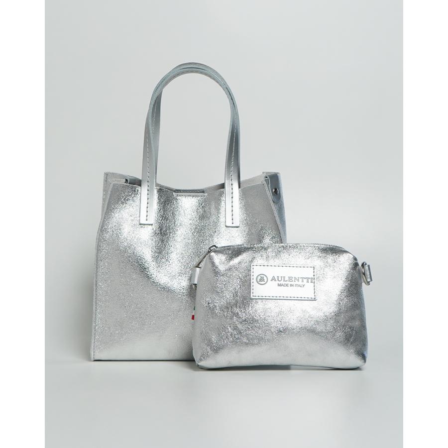 【中古】AULENTTI ポーチ付きトートバッグ シルバー 中古】AULENTTI ポーチ付きトートバッグ シルバー