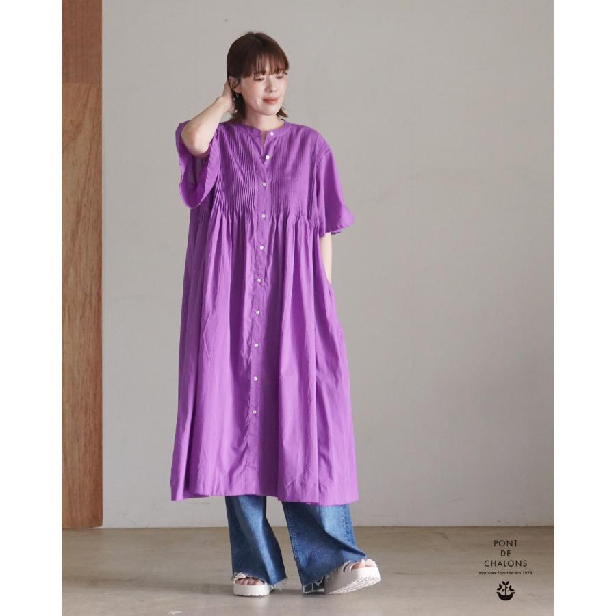 【未使用級】 【完売商品】 ポンデシャロン コットンリネンバンドカラーワンピース Pont de Chalons（ポンデシャロン） ハンドピンタックスタンドカラー