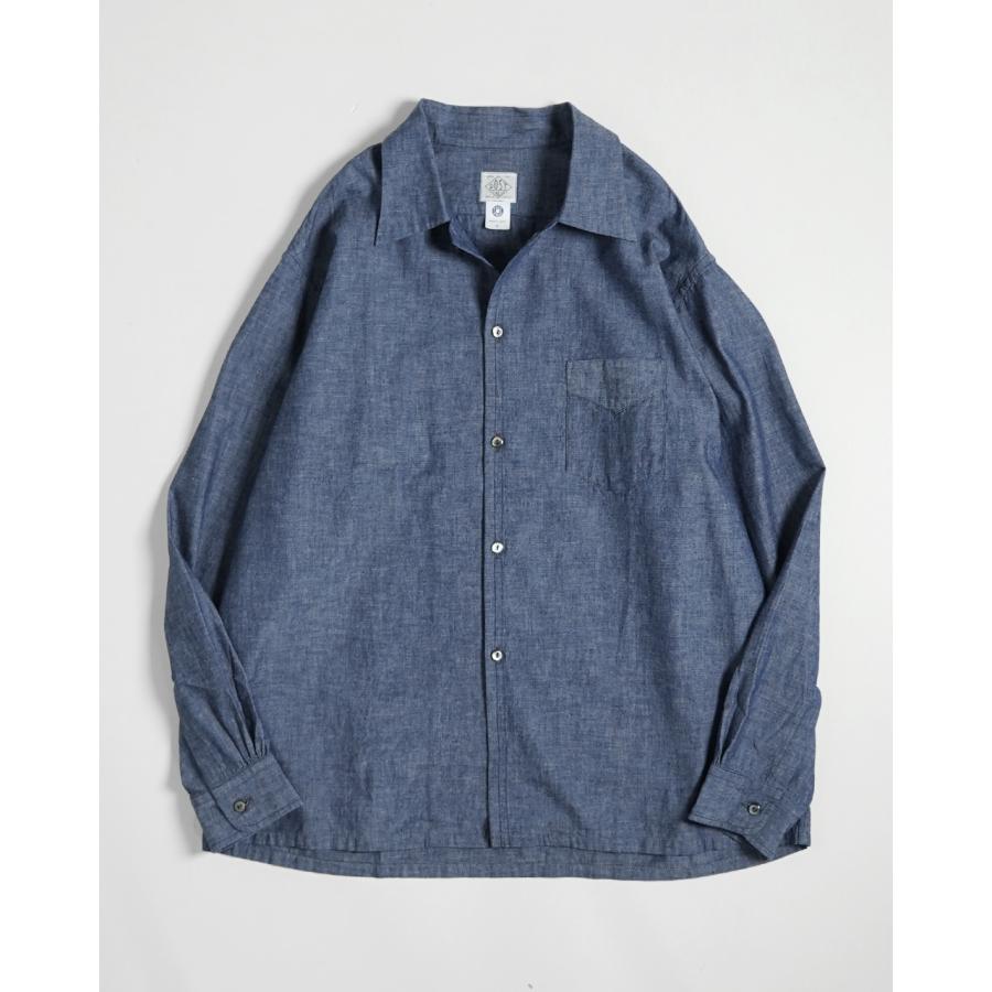 ポストオーバーオールズ デニムシャツ Post O'Alls Band Collar Shirt Light Denim Indigo | kado