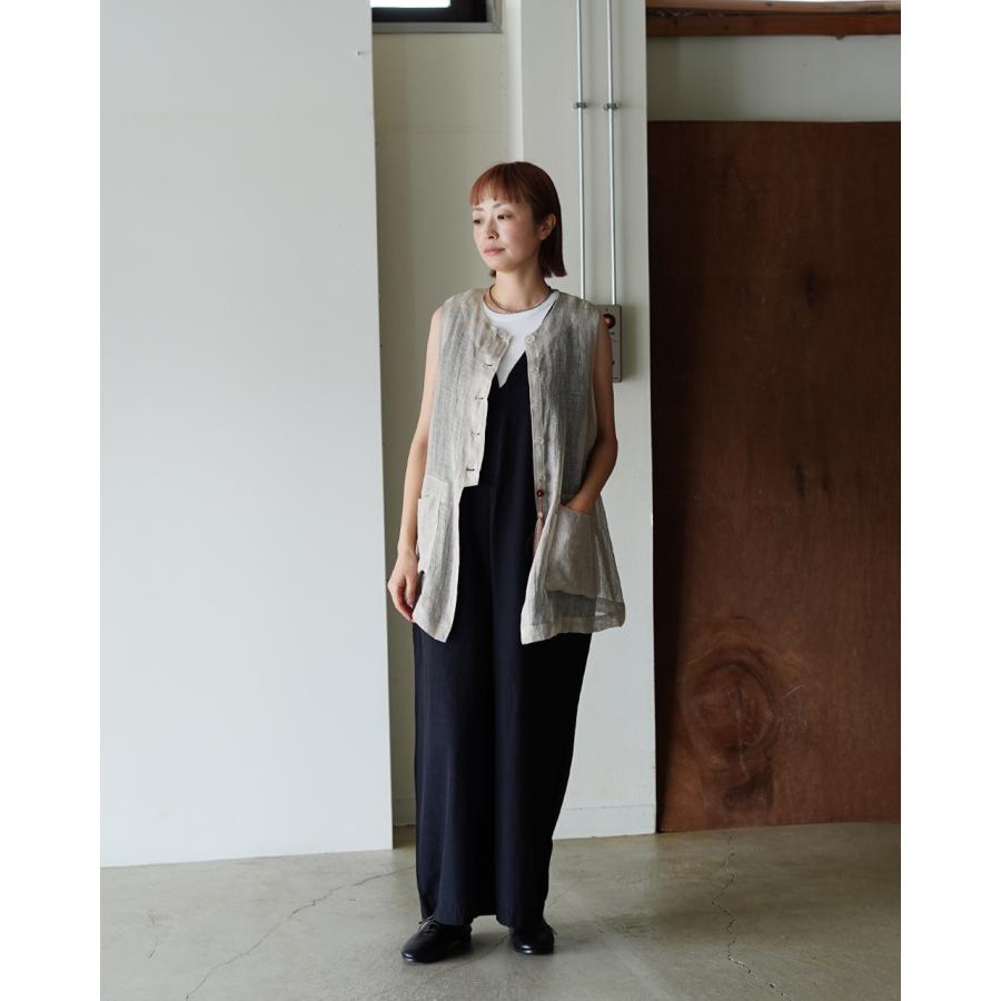 prit（プリット） 綿麻ストレッチ Vネックオールインワン レディース