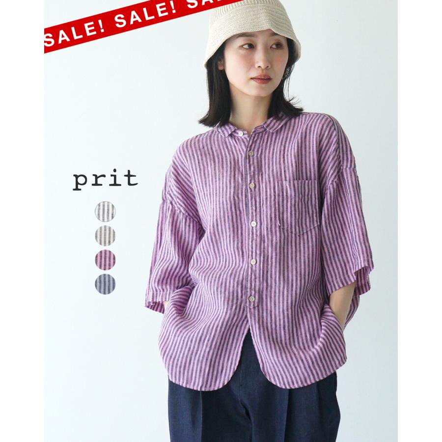 prit SALE！プリット 5分袖 シャツ レギュラーカラーシャツ レディース