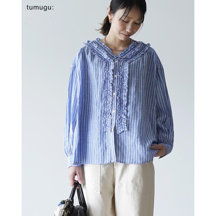 tumugu（ツムグ） ブラウス テンセルリネン ストライプ フリルブラウス