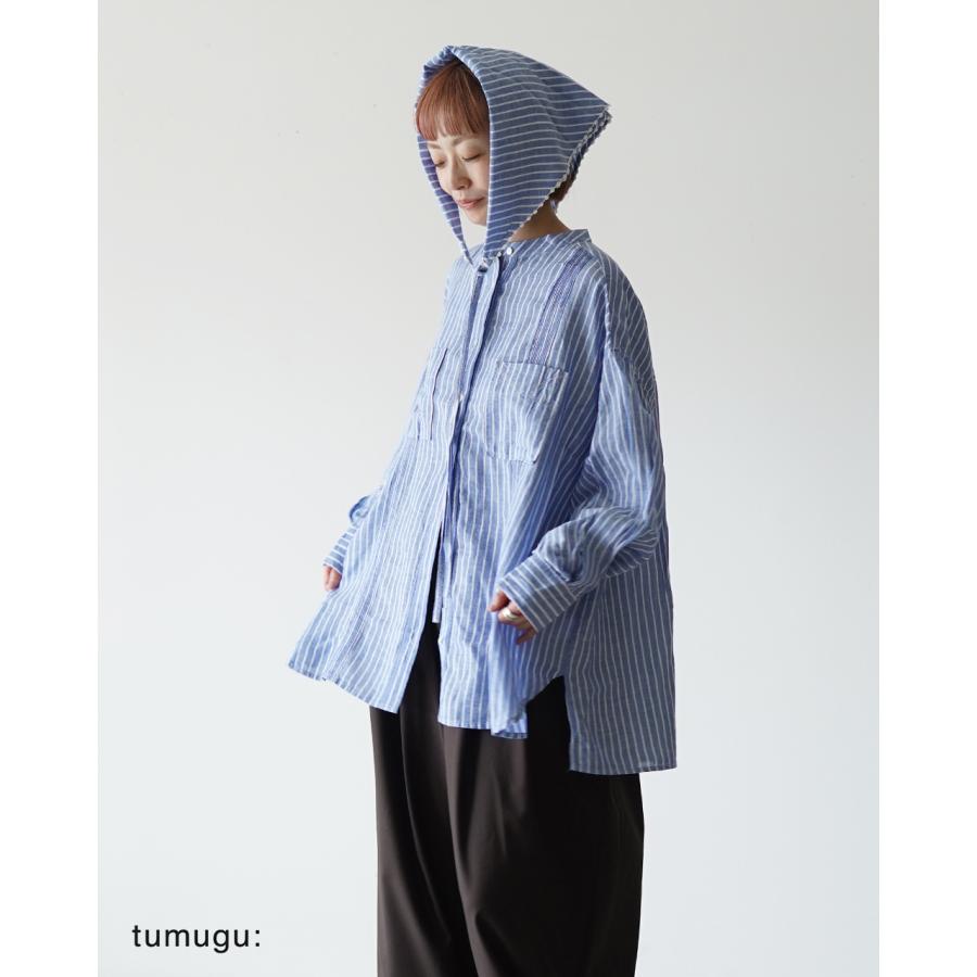 tumugu（ツムグ） シャツ テンセルリネンストライプチュニックシャツ