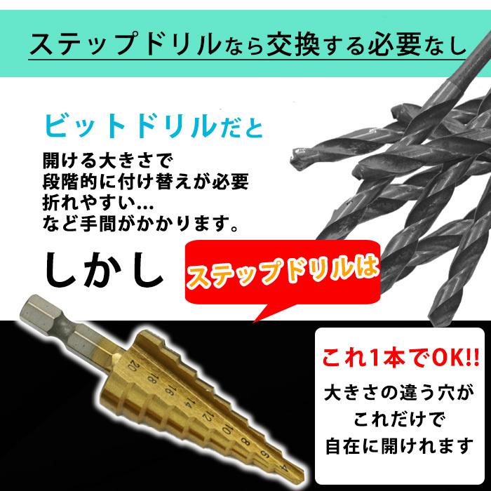 ステップドリル ドリルビット スパイラルドリル 3本セット 穴あけ 六角軸 収納袋付き チタン HSS |  | 02