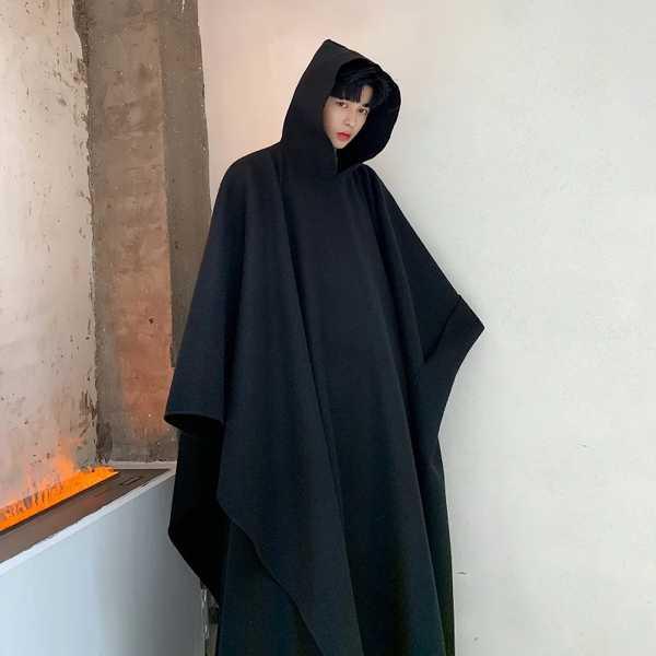 男性日本ストリートスタイルフード付きローブマントトレンチ