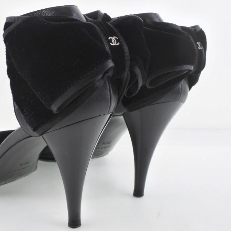 CHANEL シャネル リボン パンプス サテン×カーフ 黒 レディース