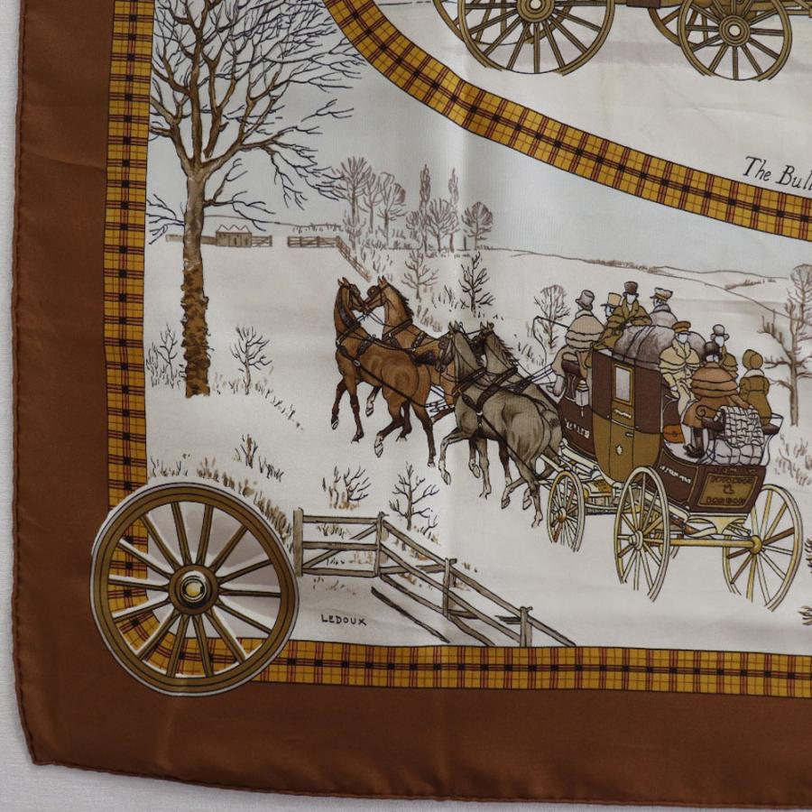 HERMES エルメス カレ90 L'HIVER EN POSTE 冬の郵便馬車 スカーフ シルク 茶/白 レディース【51170542】中古｜crown78｜04