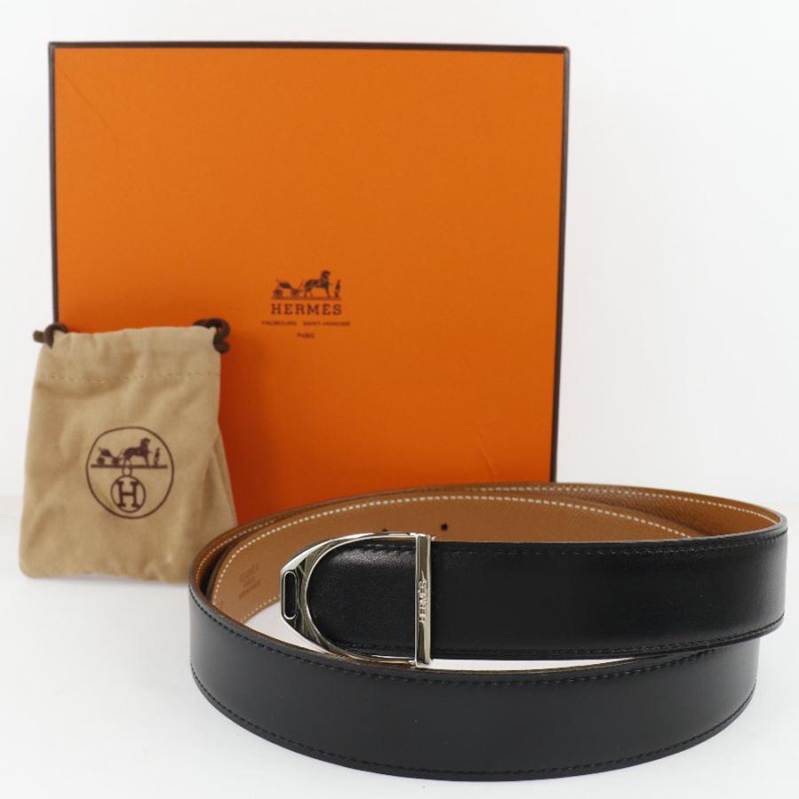 HERMES エルメス エトリエ □C ベルト ボックスカーフ 黒/茶 メンズ  