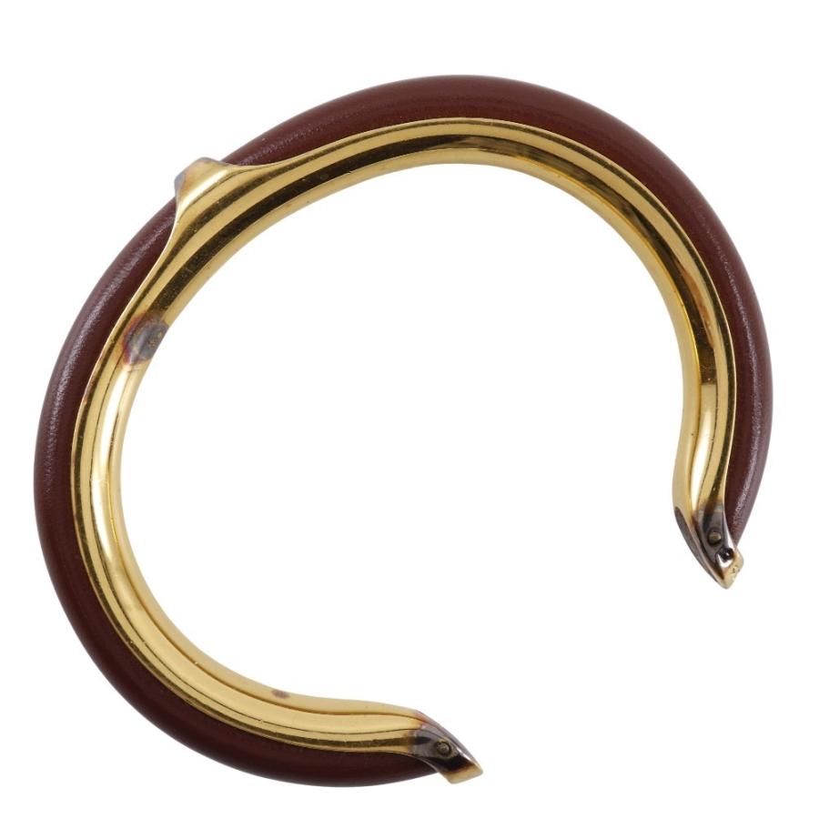 HERMES（エルメス） ヴィンテージ バングル 金メッキ×レザー 茶 約36.3 