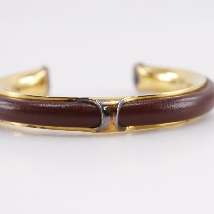 HERMES（エルメス） ヴィンテージ バングル 金メッキ×レザー 茶 約36.3 