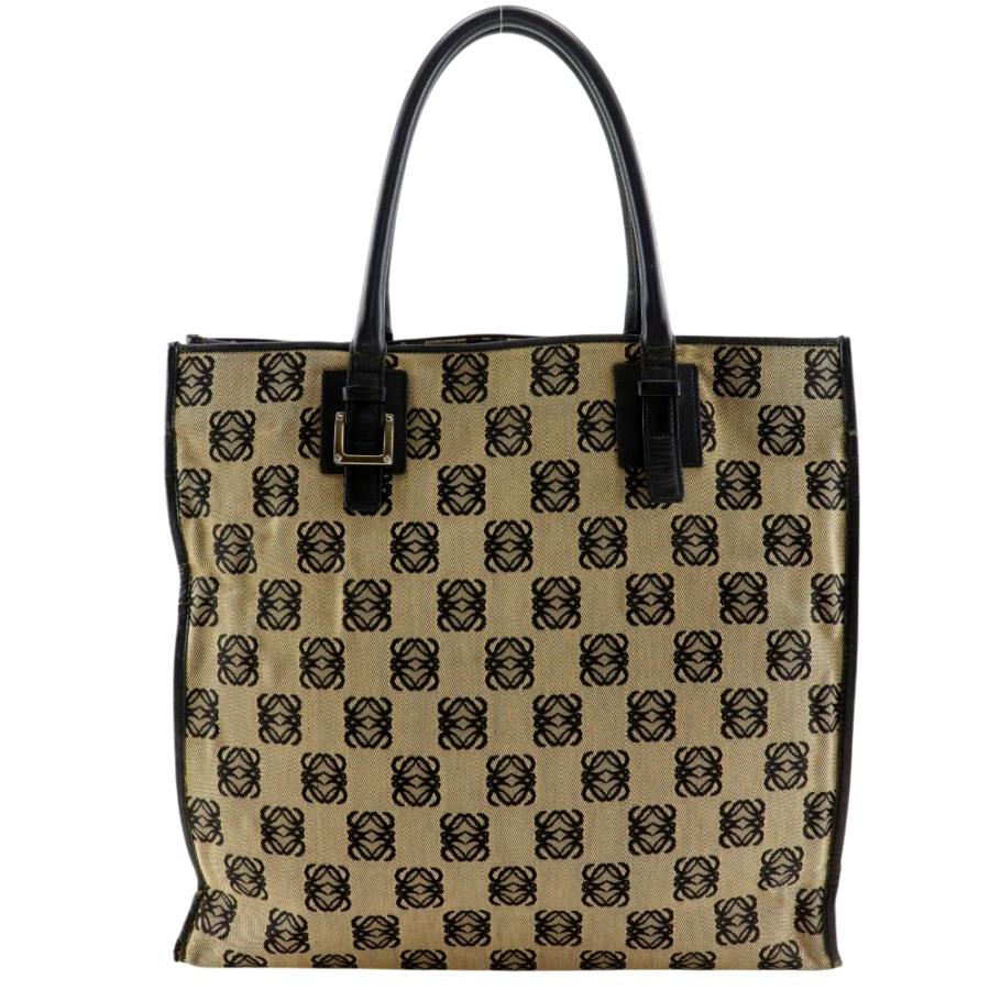 LOEWE（ロエベ）トートバッグ　アナグラム柄　ベージュ✖️黒レザー LOEWE（ロエベ） アナグラム トートバッグ キャンバス×レザー グレー