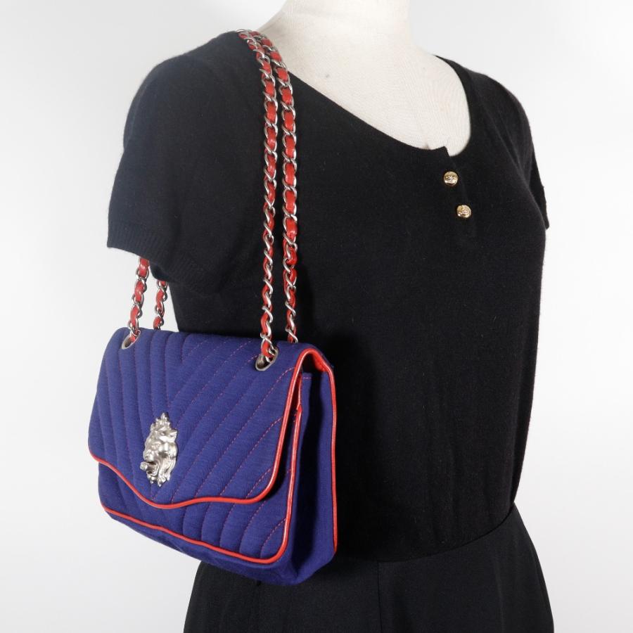 CHANEL シャネル ダブルチェーンショルダー Vステッチ ライオン シェブロン ショルダーバッグ コットン 紺/赤 【I151525113】中古_15