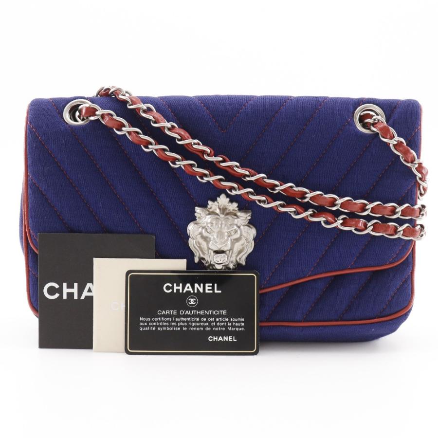 CHANEL シャネル ダブルチェーンショルダー Vステッチ ライオン シェブロン ショルダーバッグ コットン 紺/赤 【I151525113】中古_16