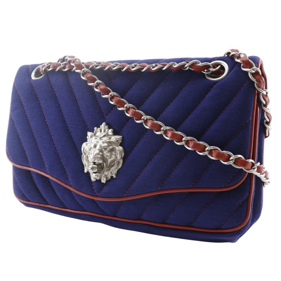 CHANEL シャネル ダブルチェーンショルダー Vステッチ ライオン シェブロン ショルダーバッグ コットン 紺/赤 【I151525113】中古_1