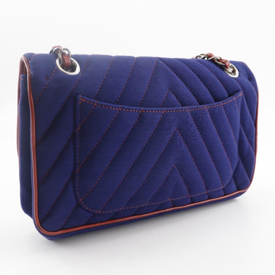 CHANEL シャネル ダブルチェーンショルダー Vステッチ ライオン シェブロン ショルダーバッグ コットン 紺/赤 【I151525113】中古_2