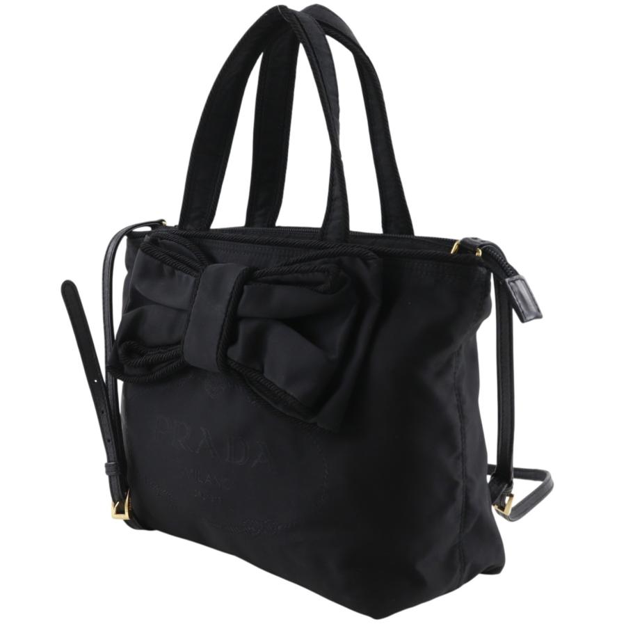 美品✨プラダ トートバッグ ハンドバッグ リボン 黒 メタルロゴ ナイロン PRADA（プラダ） ロゴ リボン 2WAYショルダー ハンドバッグ ナイロン