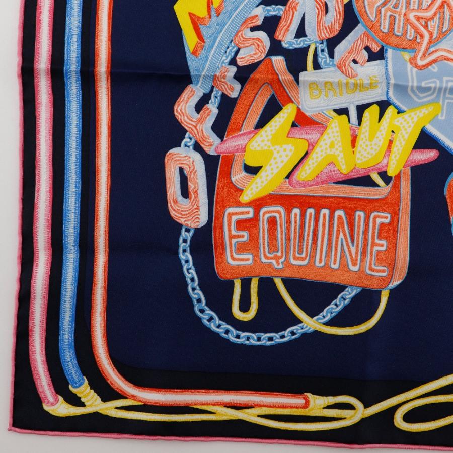 HERMES エルメス カレ45 ガヴロッシュ シュヴァロスコープ ネオン 23SS スカーフ シルク 紺色 ピンク レディース【I180125217】中古_3