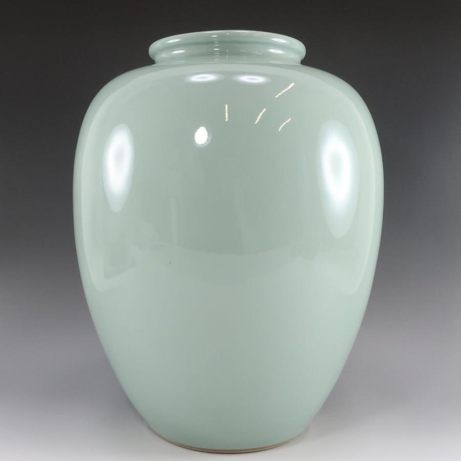 二代 諏訪蘇山 造 青磁鹿文花瓶 唐木台付 共箱 骨董品 陶磁器 【I180825037】の画像