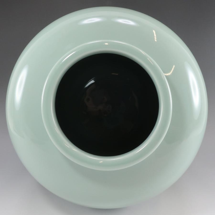 二代 諏訪蘇山 造 青磁鹿文花瓶 唐木台付 共箱 骨董品 陶磁器 【I180825037】の画像