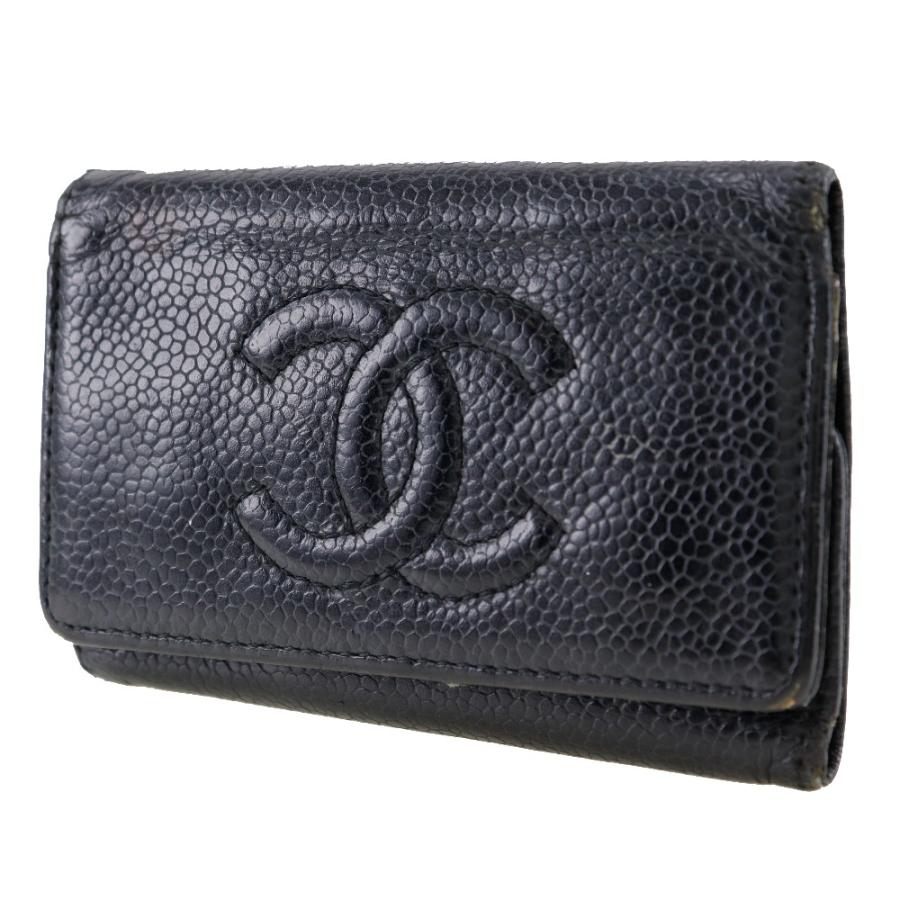 【未使用に近い】シャネル　ココマーク　キャビアスキン　ブラック　キーケース 美品】シャネル CHANEL キャビアスキン ココマーク キーケース