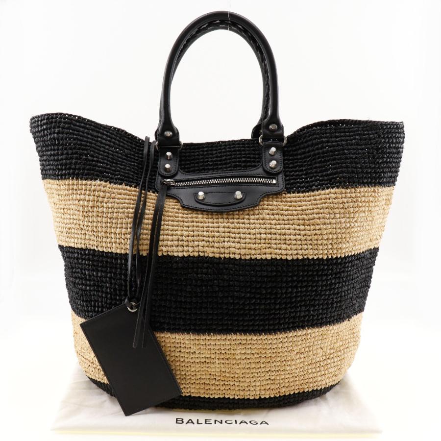 BALENCIAGA バレンシアガ カゴバッグ ボーダー ハンドバッグ ラフィア 