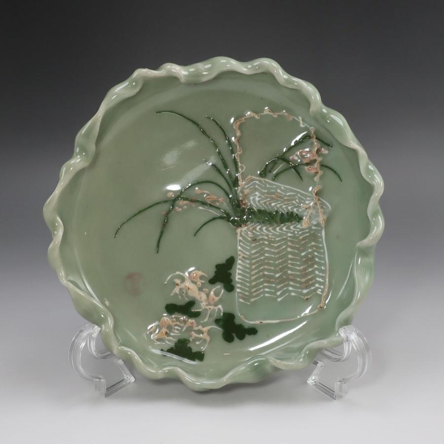 時代瀬戸　加藤春花　灰釉染付文人画　鉢　整理品 加藤春花 作 手練り青磁 花籠蟹紋皿 骨董品 陶磁器 【I211025013
