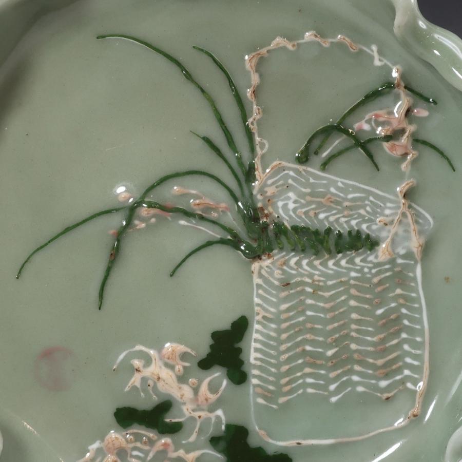 加藤春花 作 手練り青磁 花籠蟹紋皿 骨董品 陶磁器 【I211025013