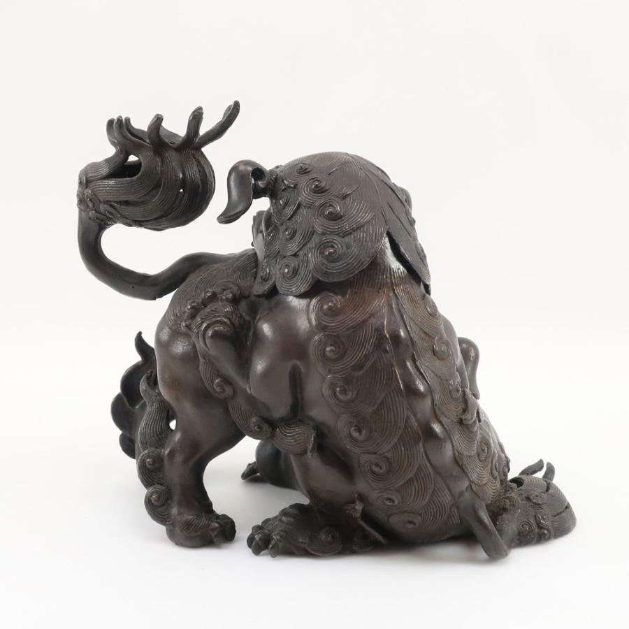 高岡銅器 大峰 作 蝋型鋳銅製 【 戯れ獅子 香炉 】 置物 オブジェ _