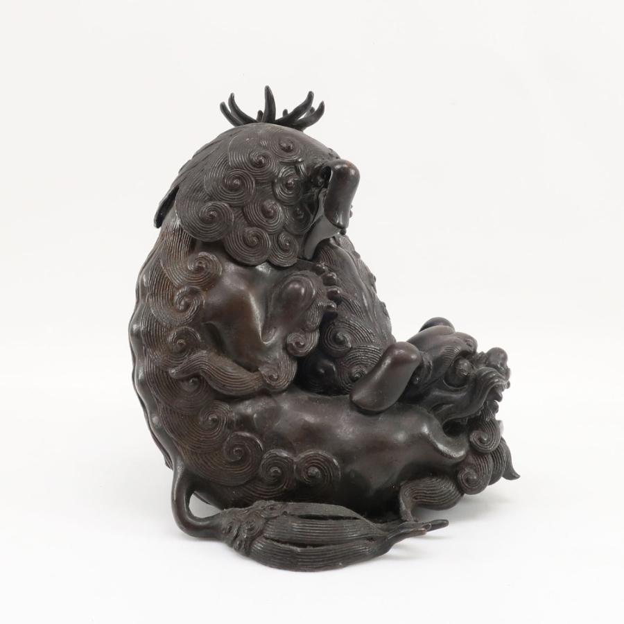 高岡銅器 大峰 作 蝋型鋳銅製 【 戯れ獅子 香炉 】 置物 オブジェ _