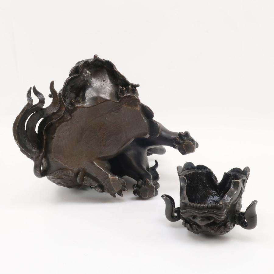 高岡銅器 大峰 作 蝋型鋳銅製 【 戯れ獅子 香炉 】 置物 オブジェ _