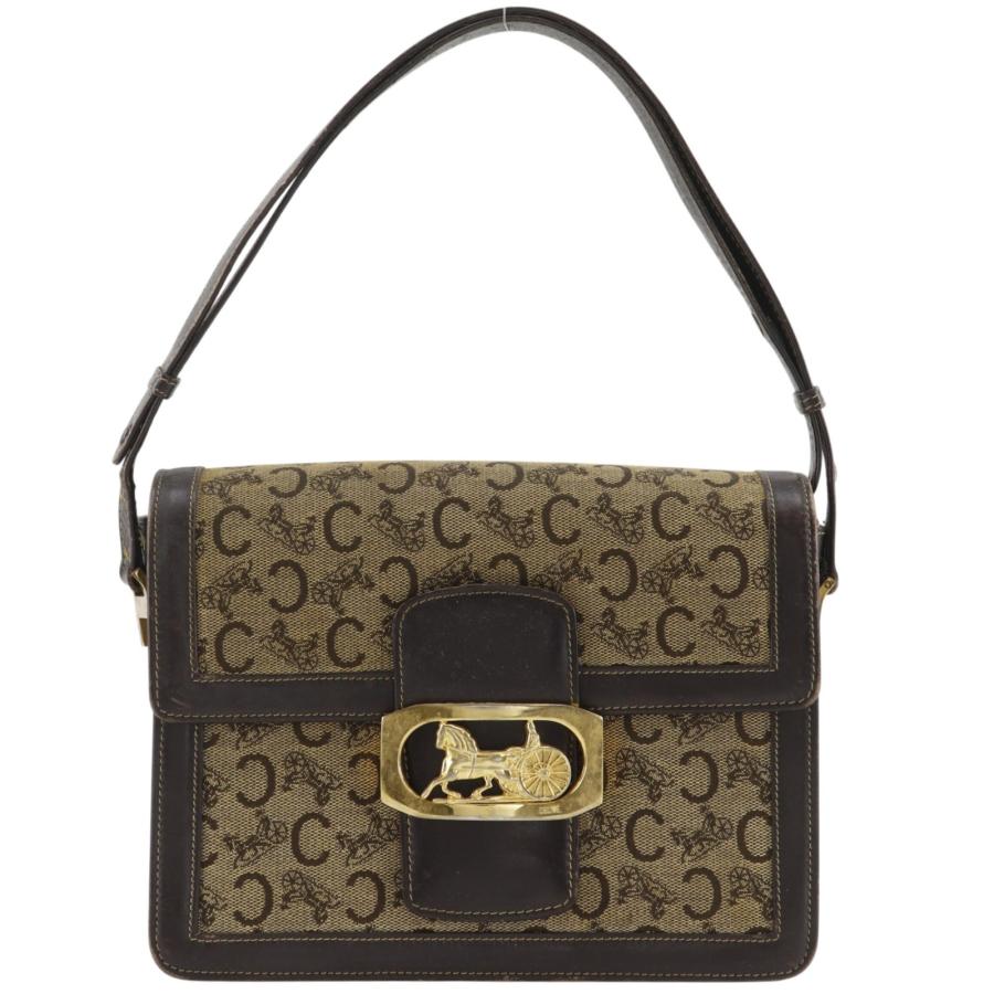 美品 セリーヌ ショルダーバッグ Cマカダム 馬車柄 茶 キャンバス レザー CELINE（セリーヌ） Cマカダム 馬車金具 オールドセリーヌ ショルダー