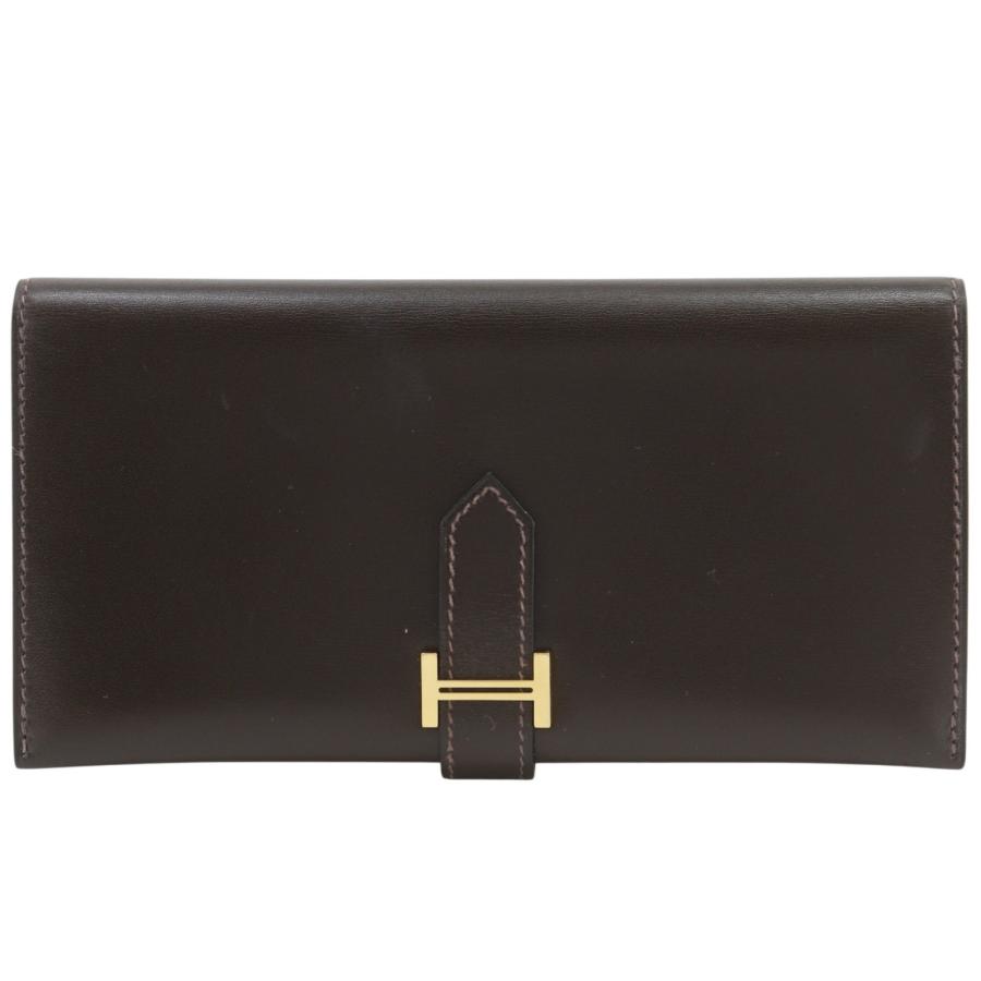HERMES（エルメス） ベアン □E 長財布 ボックスカーフ 茶/ゴールド 