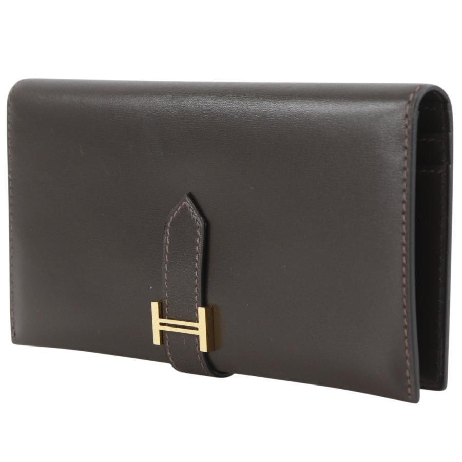 HERMES（エルメス） ベアン □E 長財布 ボックスカーフ 茶/ゴールド 