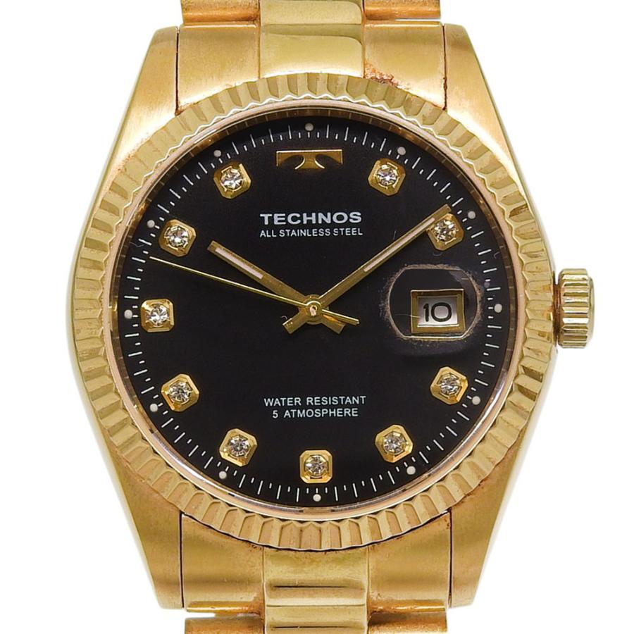 【TECHNOS】テクノス T9604 金メッキ クオーツ アナログ表示 メンズ 黒文字盤 腕時計 TECHNOS テクノス T9604 腕時計 金メッキ クオーツ アナログ表示