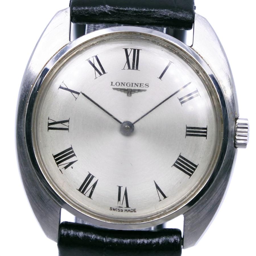 手巻き時計 シルバー文字盤 ブラックレザー