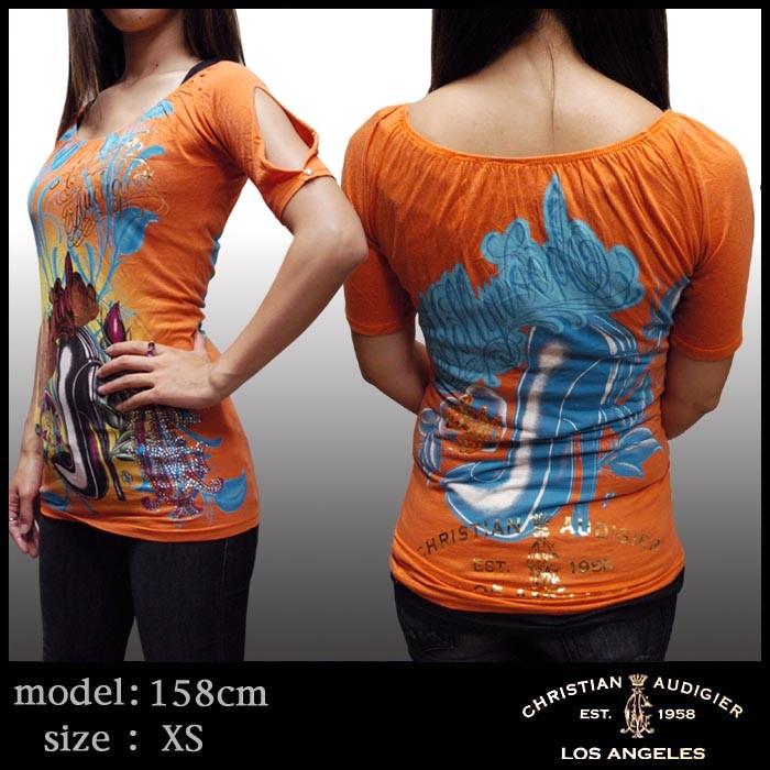 クリスチャンオードジェー レディース Tシャツ HOLLYWOOD HEEL  オレンジ Christian Audigier ハイブランド セレブ ファッション スタイル セール
