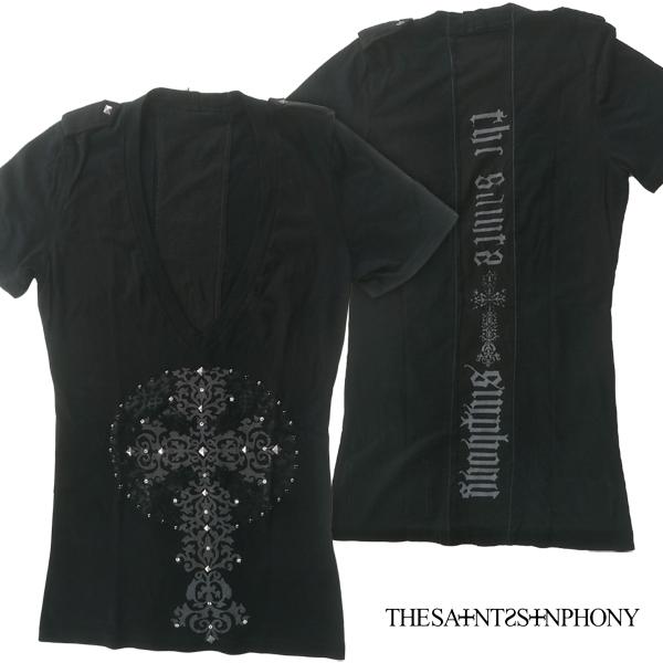 セインツシンフォニー THE SAINTS SINPHONY レディース Ｔシャツ Vネック Memento Mori ブラック 半袖 シャツ LAセレブ ハリウッド