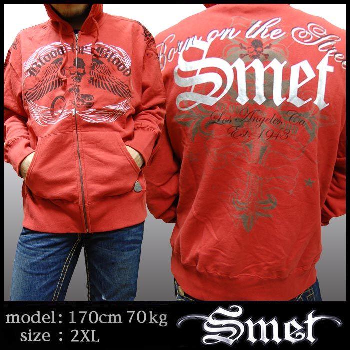 Smet（スメット） メンズ ジップ パーカー SRED レッド スカル 