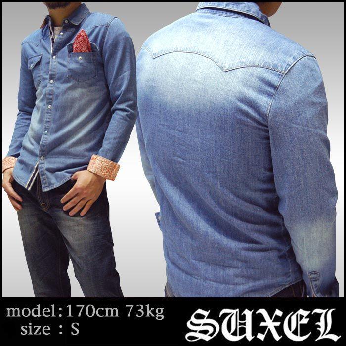 SUXEL サクエル メンズ 長袖 デニムシャツ BLUE ペイズリー バンダナ柄  