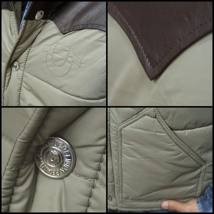 TRUE RELIGION トゥルーレリジョン メンズ レザー ベスト PUFFER VEST カーキ W/ LEATHER VEST