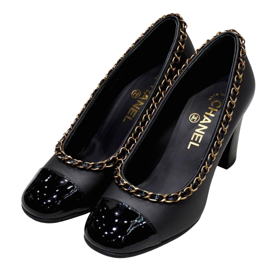 シャネル chanel ブラックレザー　パンプス チェーン CHANEL(シャネル) チェーンパンプス 靴 ブラック レザー サイズ