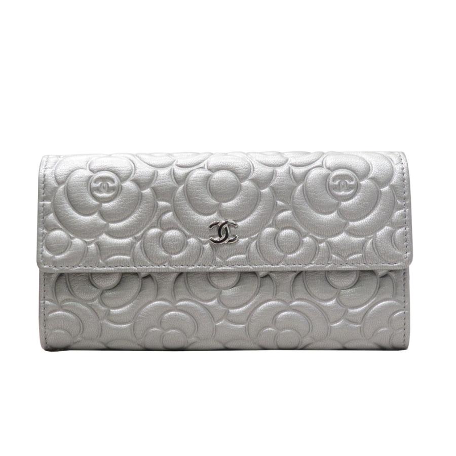 CHANEL (シャネル) カメリア長財布 A48684 シルバー レザー