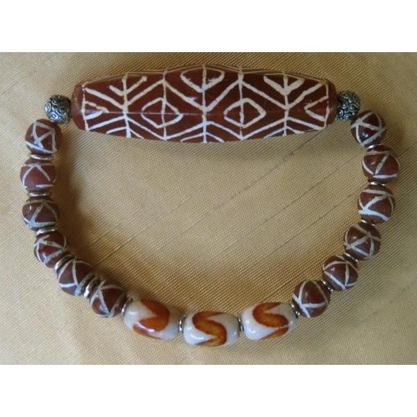 天然原石エッチドカーネリアン六面体古代天珠＆虎牙天珠ブレスレット