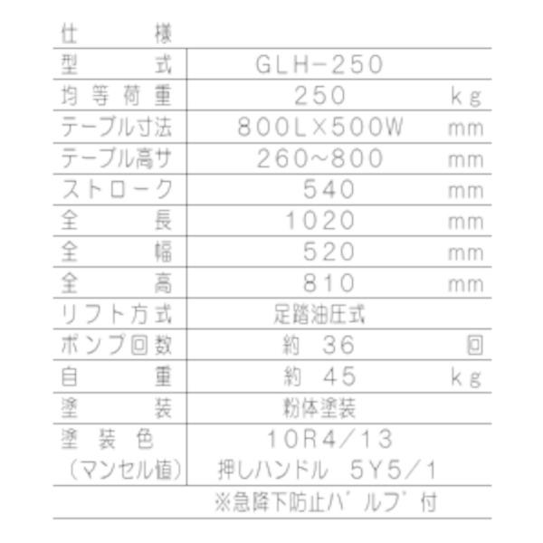 東正車輛 250kg スタンダード 業務用 GLH-250 ゴールドリフター 油圧式 