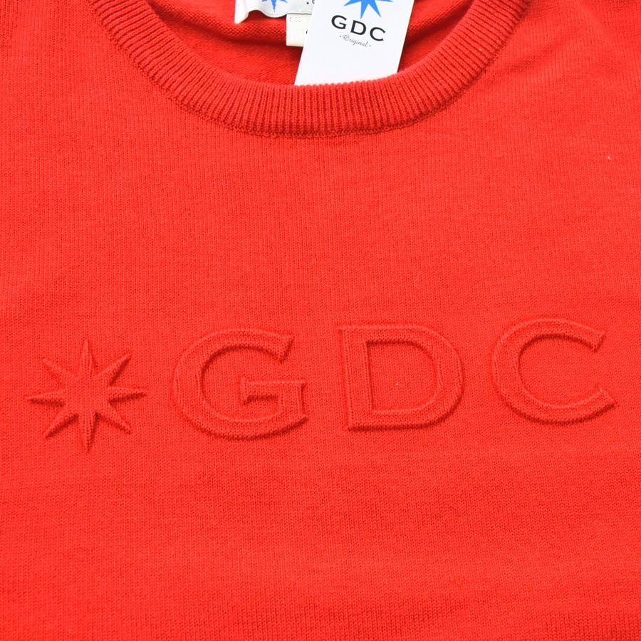 GDC メンズMサイズ レッド 丸首ウール混セーター エンボス胸ロゴ 薄手 