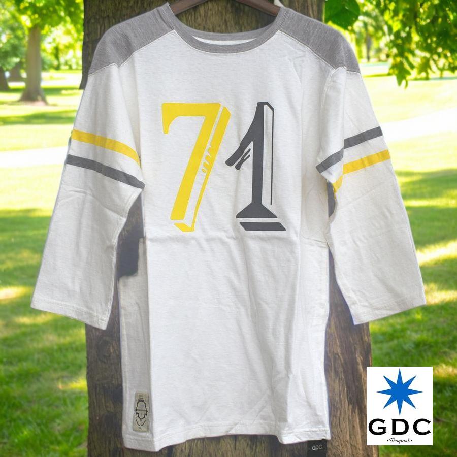 GDC メンズSサイズ ホワイト 日本製 7分袖 丸首フットボールTシャツ 綿 