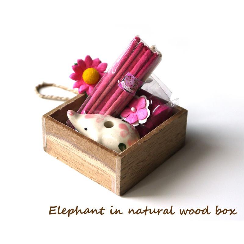【プチギフト6個】木箱入りゾウさんお香セット6組入り コーン型お香 スティック状お香 陶器製お香立てのセット 退職転勤お礼ギフトお返し |  | 09
