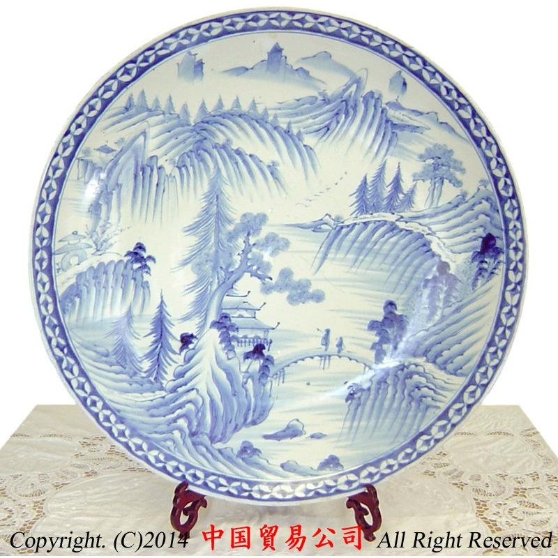 青花山水丈皿 清代 中国景徳鎮 清代 青花山水丈皿 陶芸 景徳鎮